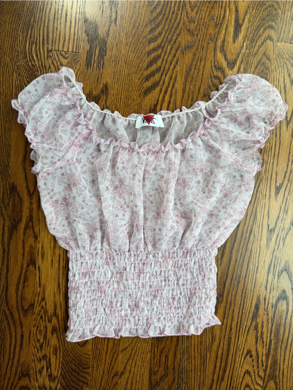 Smocked Sheer Pink Floral Ruffle Feminine Romantic 90s Y2K Women's Blouse